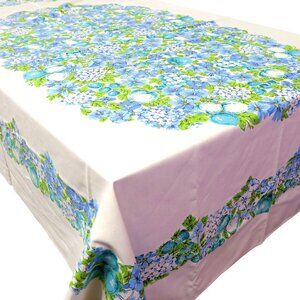 Mid-Century Tablecloth, Morning Glories & Fruit, Blue Green Aqua, 53x66